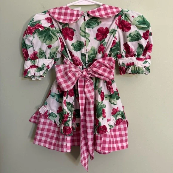 Little Precious Floral and Gingham Puff Sleeve Dress bows vintage size 3T girls - Picture 4 of 13
